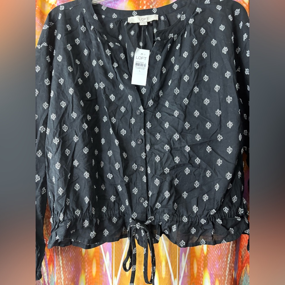 LOFT Black Patterned Drawstring Blouse ✨ NWT NWT - image 5